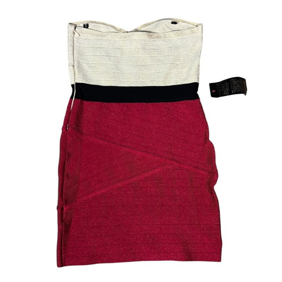 New Bebe Bandadge Dress Size XL Bodycon Red Gold Shimmer Mini Cocktail Glam Gala - Picture 2 of 10